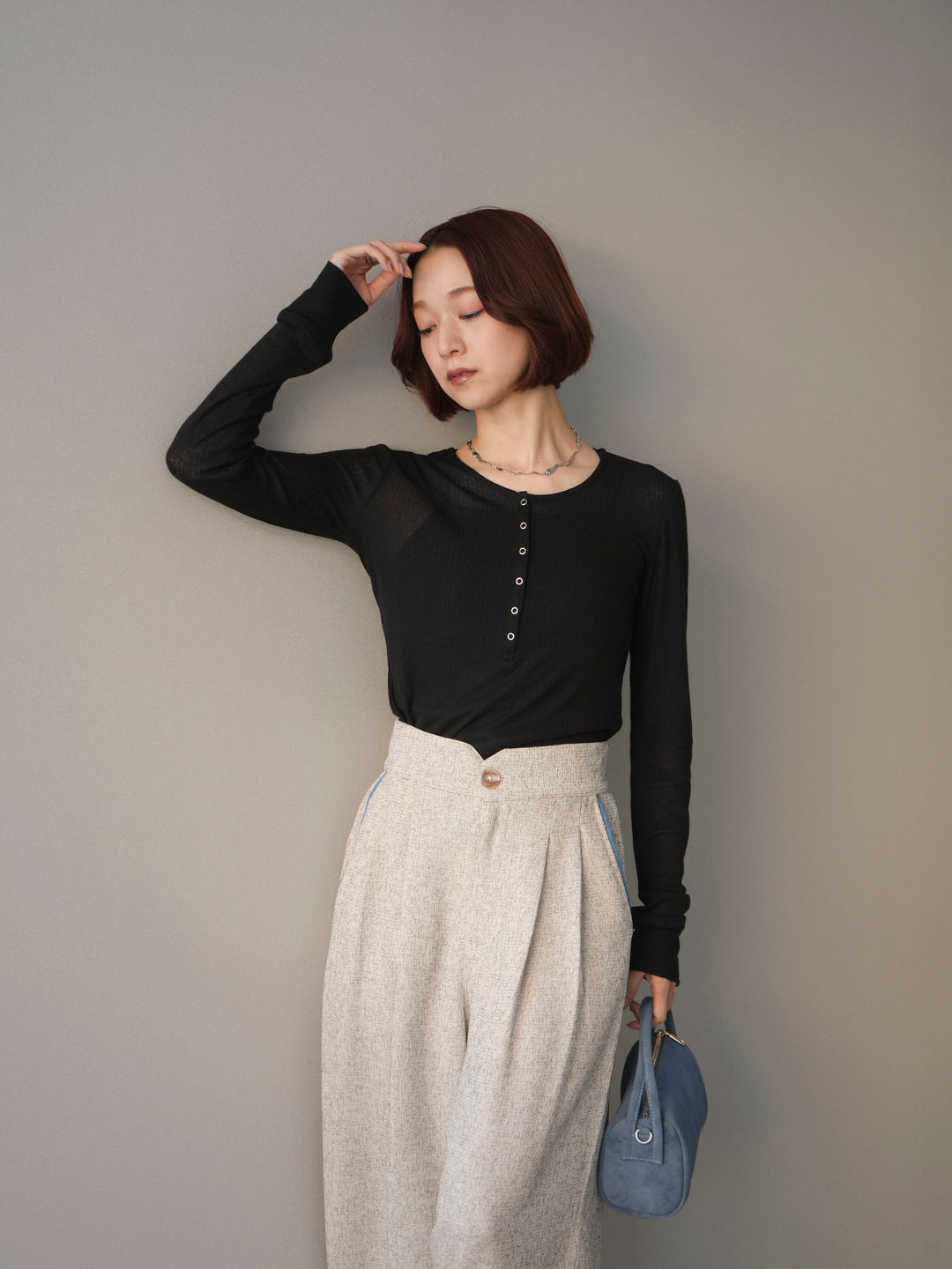 [予約]シアーリブヘンリーネックロンT/black