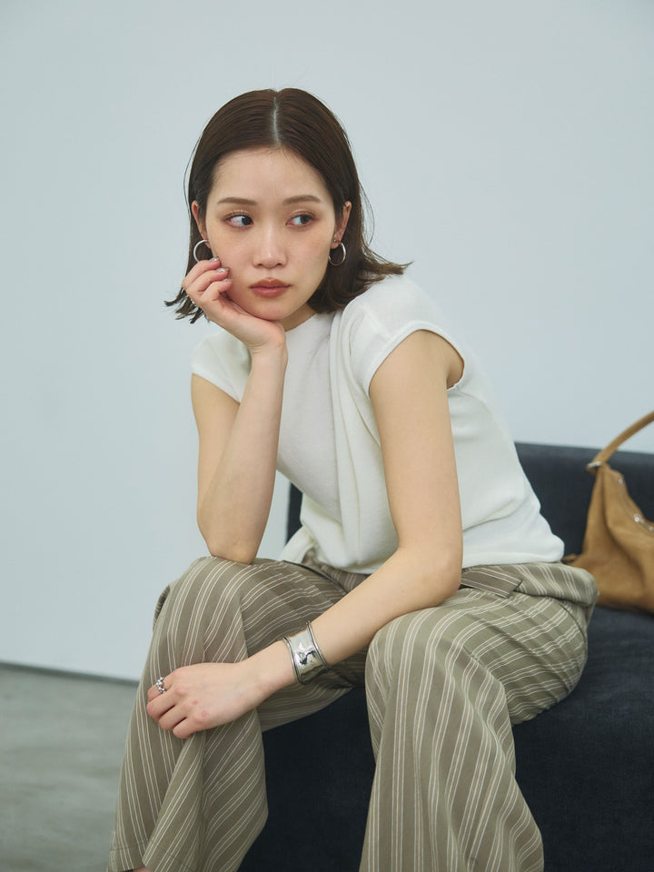 【Allure】[SET]サイドベルトボトルネックノースリーブニットトップス+ストライプイージーパンツ(2set)