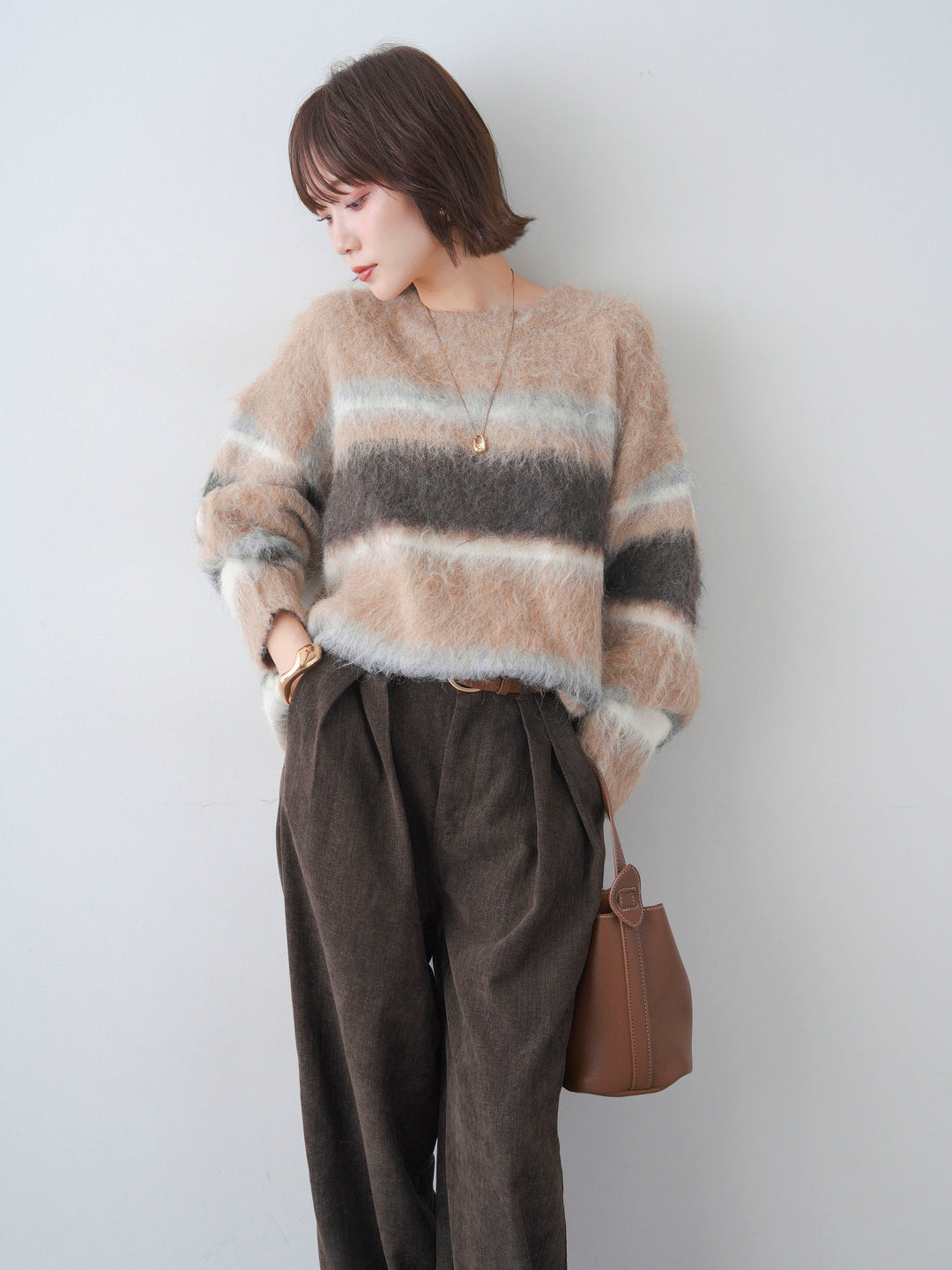 [予約]カラフルボーダーシャギーニットプルオーバー/beige