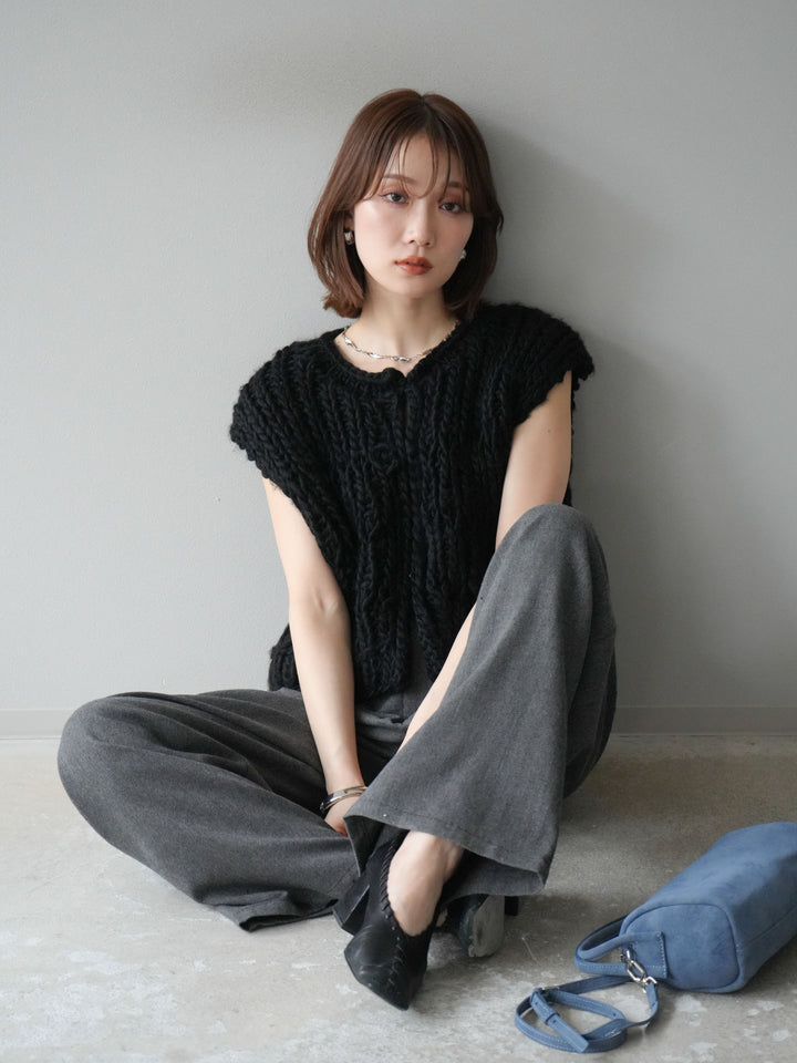 [SET] 手編繩結背心+粗花呢觸感褶皺寬褲（2件組）