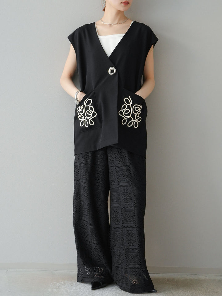 [予約]ブロックレースワイドパンツ/ブラック