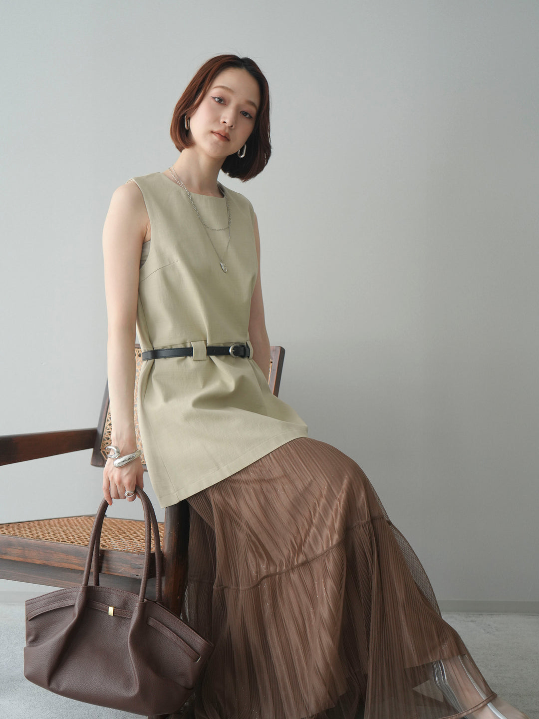 [SET]ベルト付リネンライクノースリチュニック+ラメプリーツレイヤードチュールロングスカート(2set)