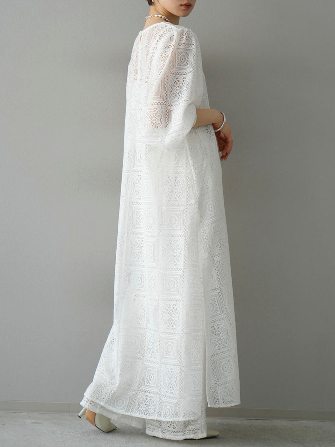 [Pre-order] Block Lace Volume Sleeve Dress/White