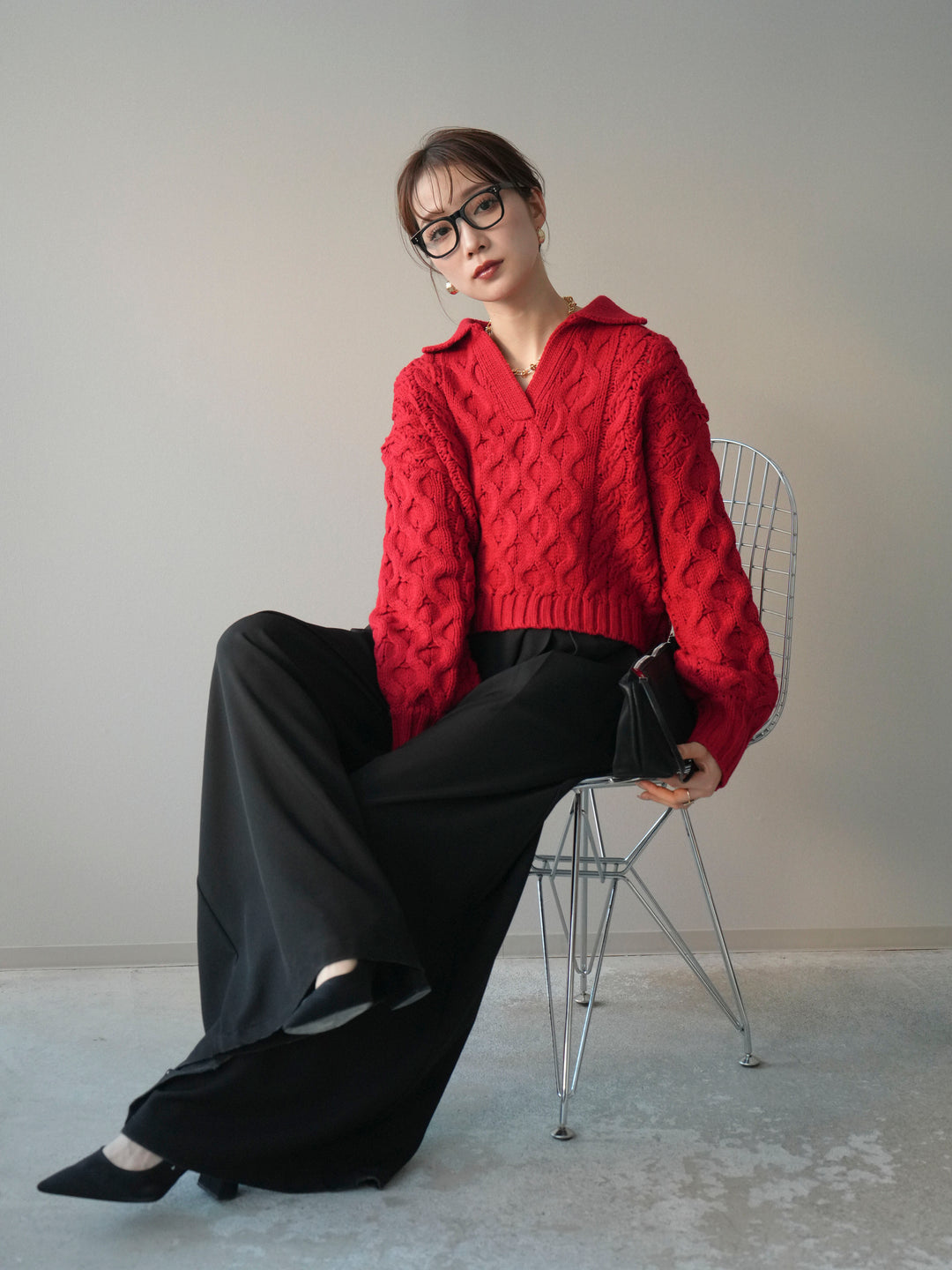 [SET]バルキーケーブルクロップド開襟プルオーバー+バルキーケーブルクロップド開襟プルオーバー(2set)