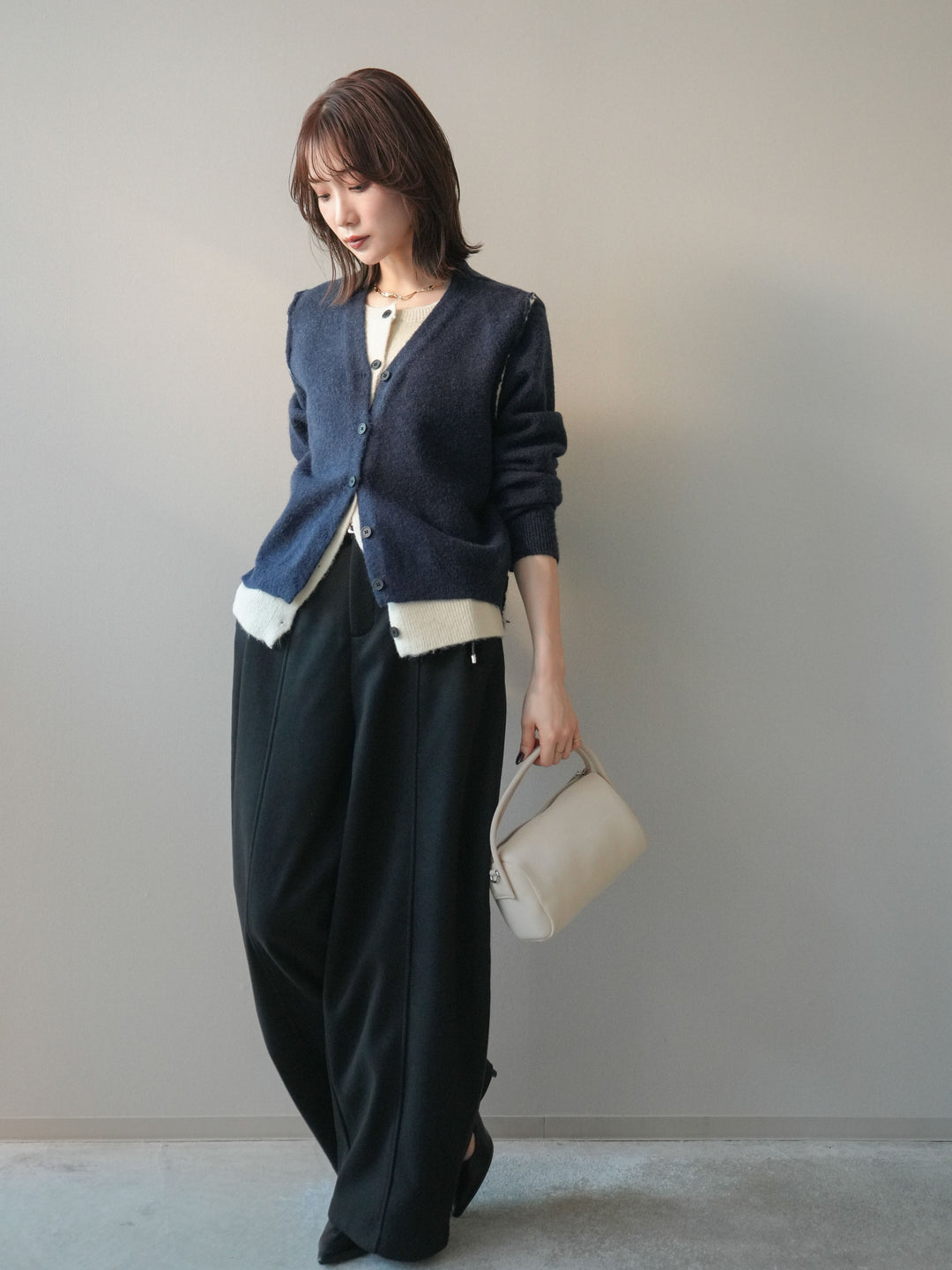 [予約]ベルト付き裏起毛ワイドパンツ/black