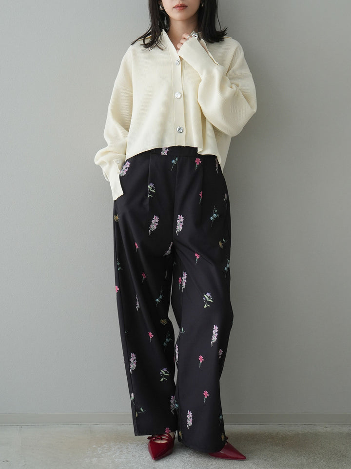 [SET]ボリュームスリーブポロニットカーディガン+フラワーアートプリントタックパンツ(2set)