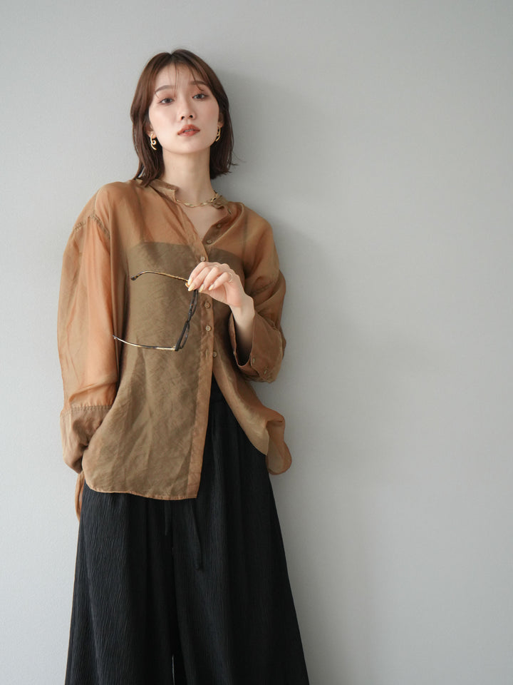 [SET] 亮面透視立領襯衫 + 柳葉寬褲 (2set)