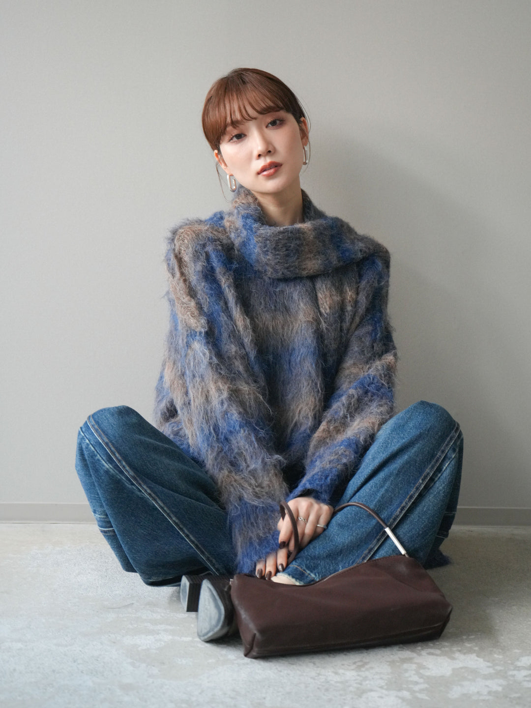 [予約]ストール付シャギーマルチボーダーニットプルオーバー/blue