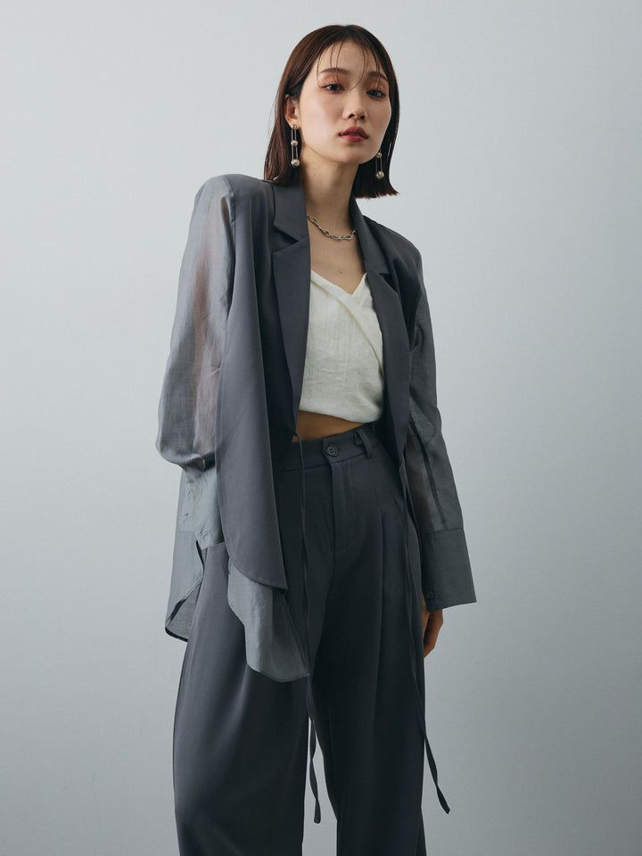 [SET]シアー切替テーラードジャケット+リネンライクカシュクールデザインビスチェ+2タックワイドパンツ(3set)