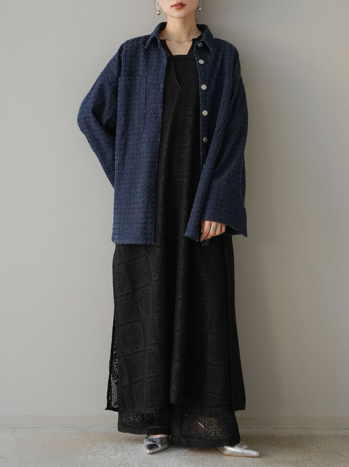 [予約]ブロックレースワイドパンツ/ブラック