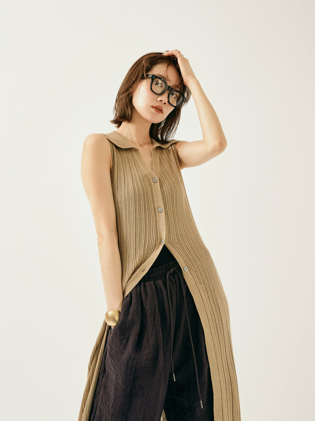 [予約]襟付きランダムリブロングニットカーディガン/ベージュ