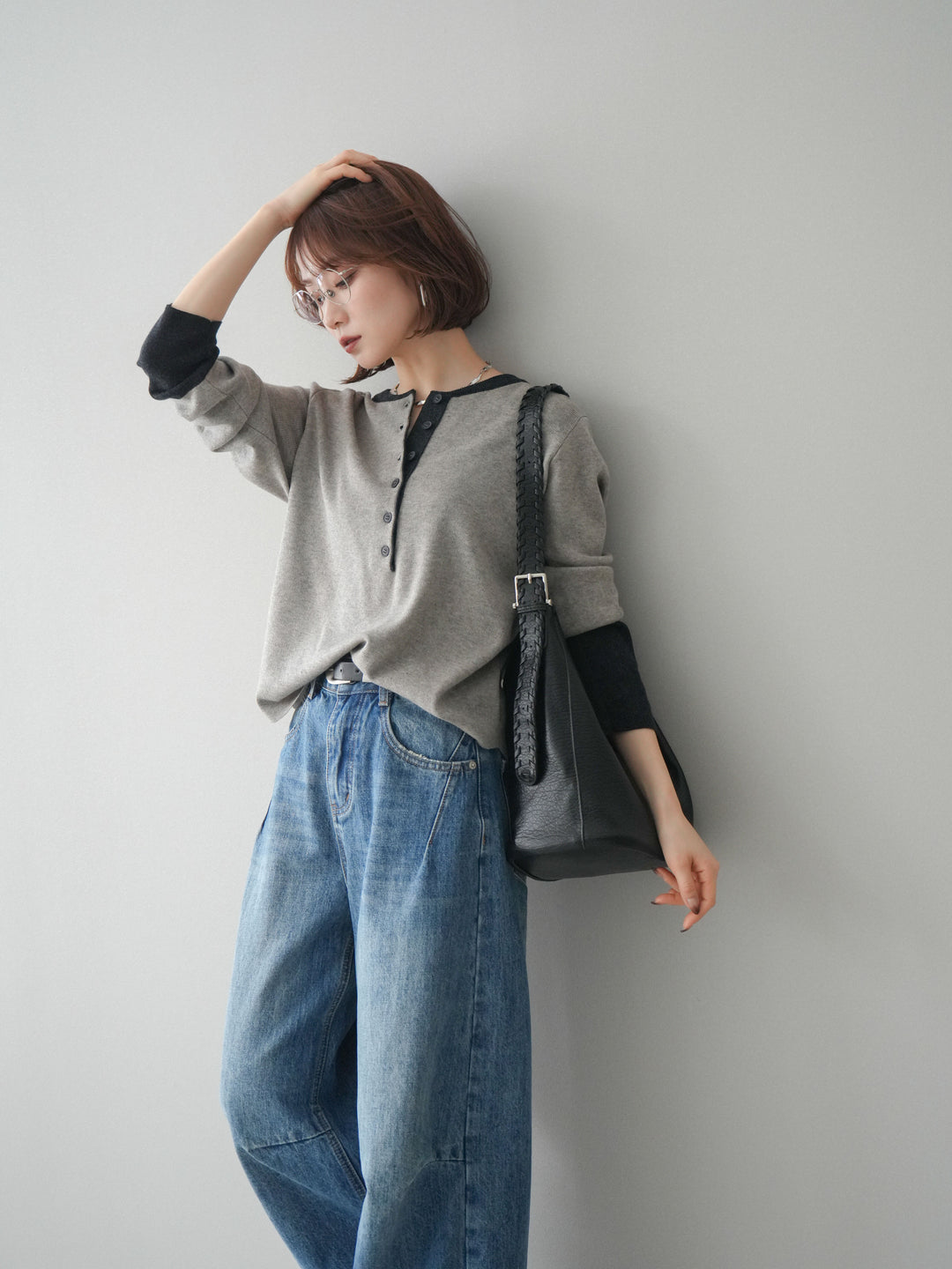 [SET]ヘンリーネック配色ニットソー+ヘンリーネック配色ニットソー(2set)