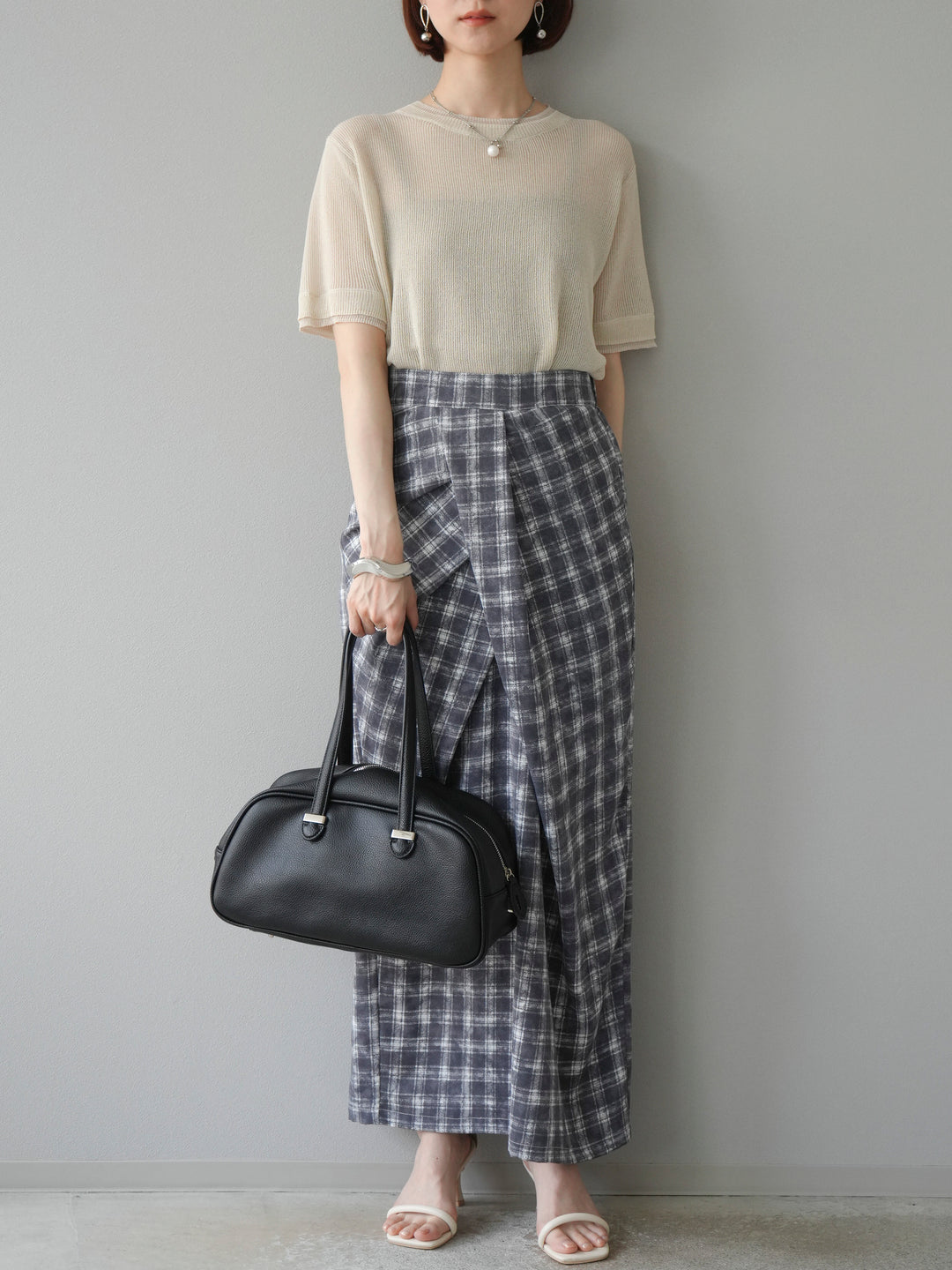 [SET]リネンタッチ配色二重臼ハーフニットトップス+選べるアソート柄スカートセット(2set)