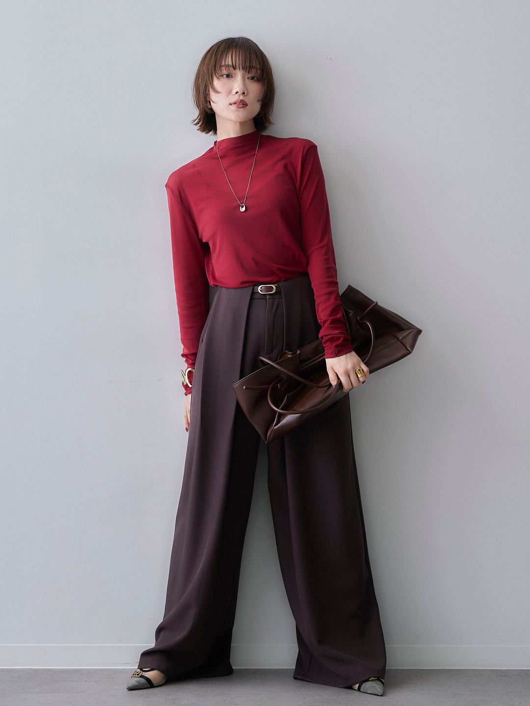 [予約]メッシュボトルネックトップス/burgundy