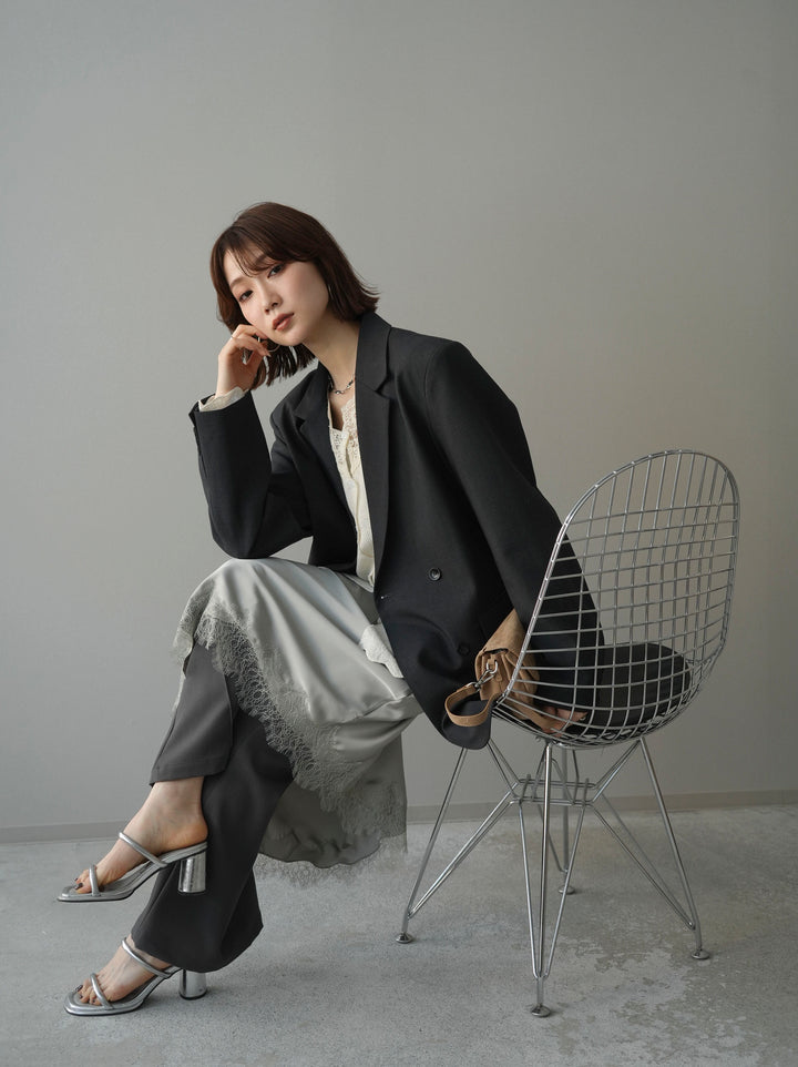 [SET]ダブルブレストオーバージャケット+レースネックジャガードニットカーディガン+サテンライクアシメレーススカート+センターシームフレアパンツ(4set))