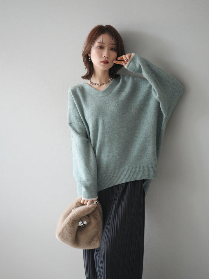 [SET]Vネック配色スリーブニットプルオーバー+選べるアクセセット(2set)