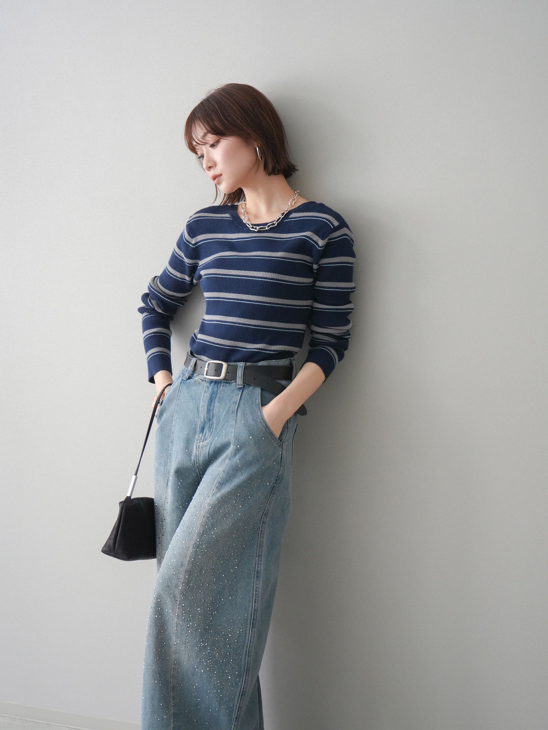 [予約]バックオープンテレコリブマルチボーダートップス/navy