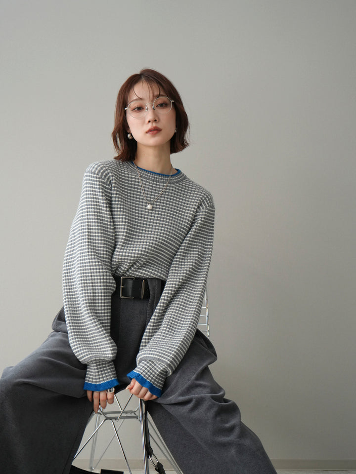 [予約]ラメ異素材ボーダーリブニットプルオーバー/charcoal×blue