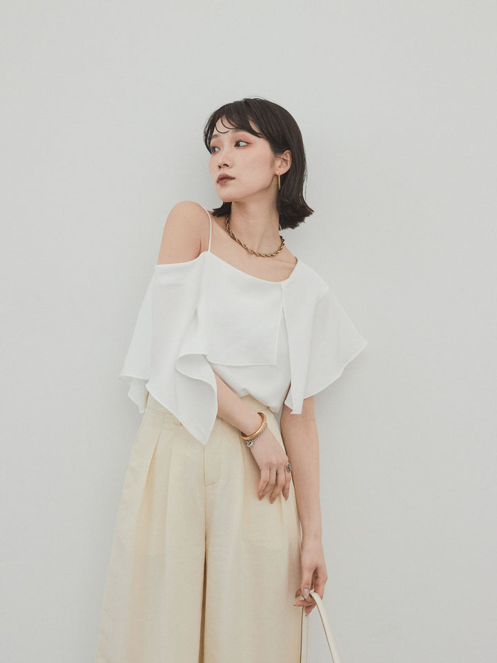 [SET]ワンショルラッフルブラウス+リネンタッチタックワイドパンツ (2set)