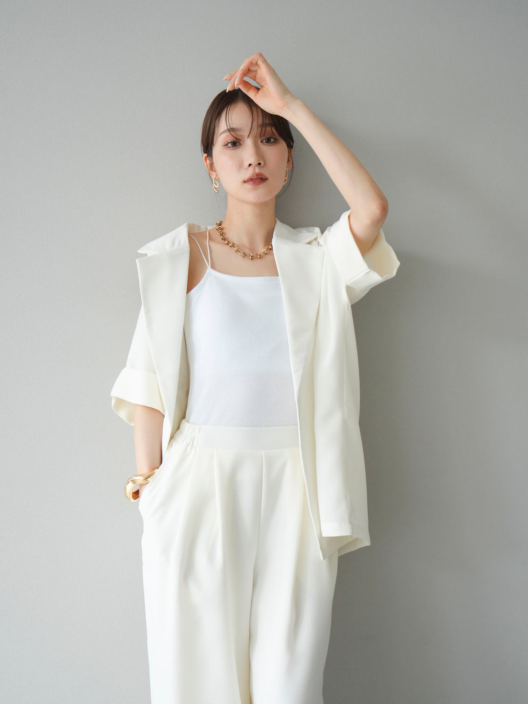 [予約]リネンライクハーフテーラードジャケット/アイボリー