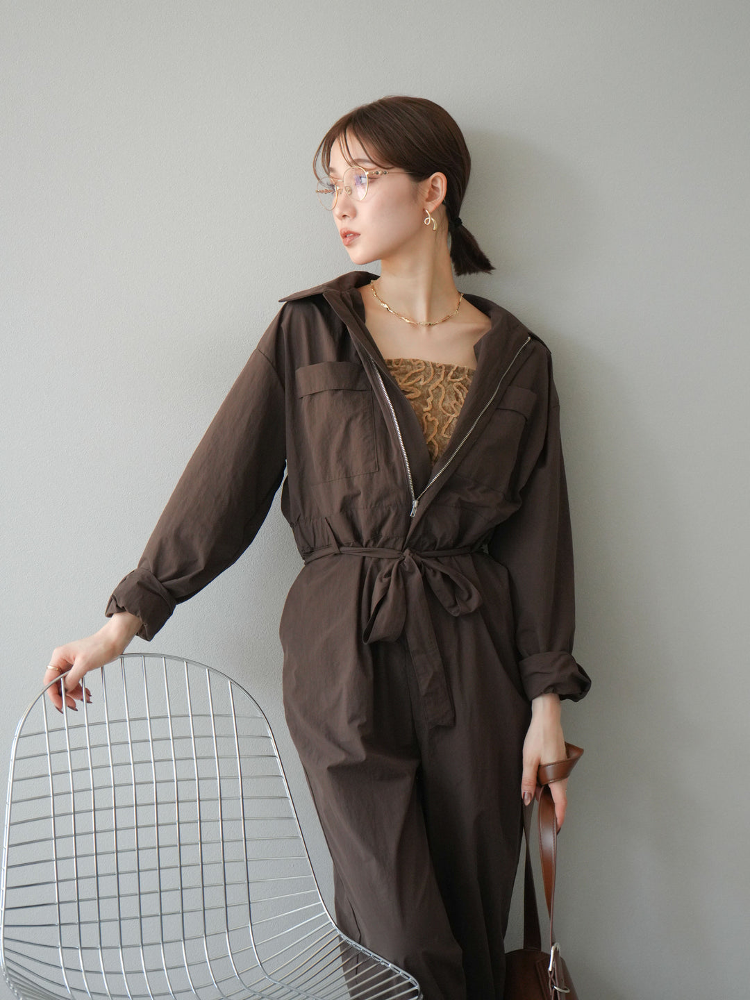 [予約]ナイロンジャンプスーツ/ブラウン