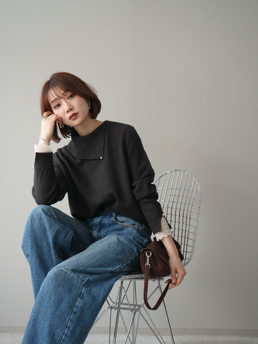 [予約]袖レースパール付き配色ニットトップス/darkbrown