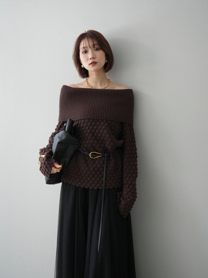 [予約]ポコポコ編みオフショルニットプルオーバー/brown