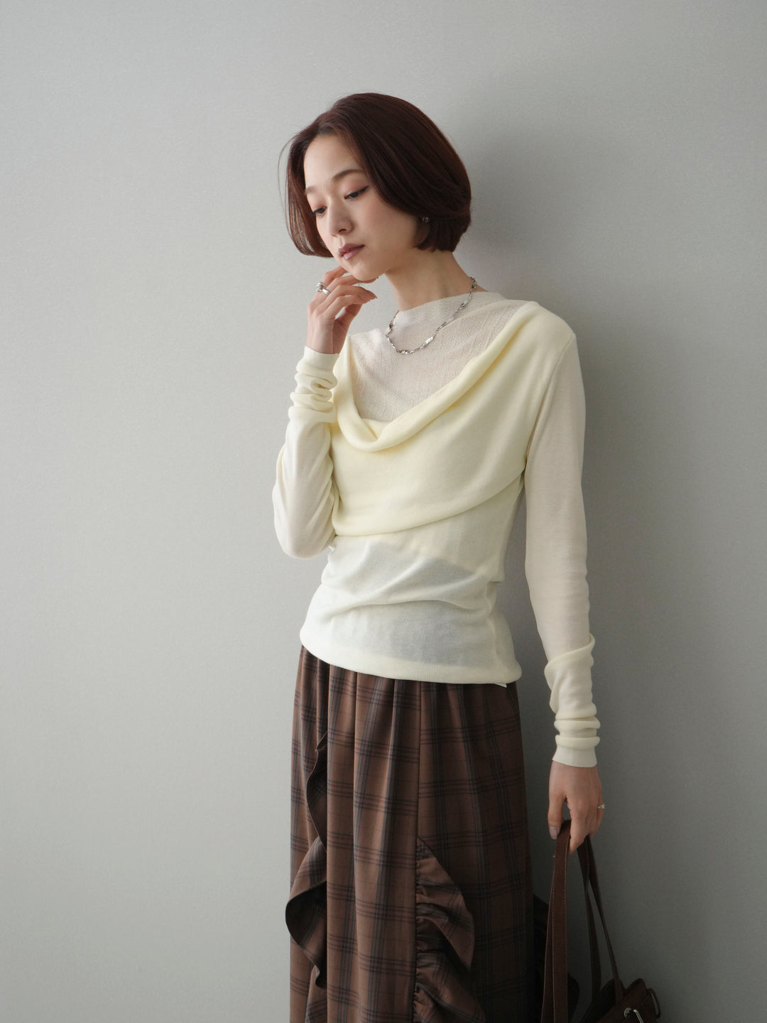 [予約]ボトルネックドレープレイヤードニットトップス/ivory