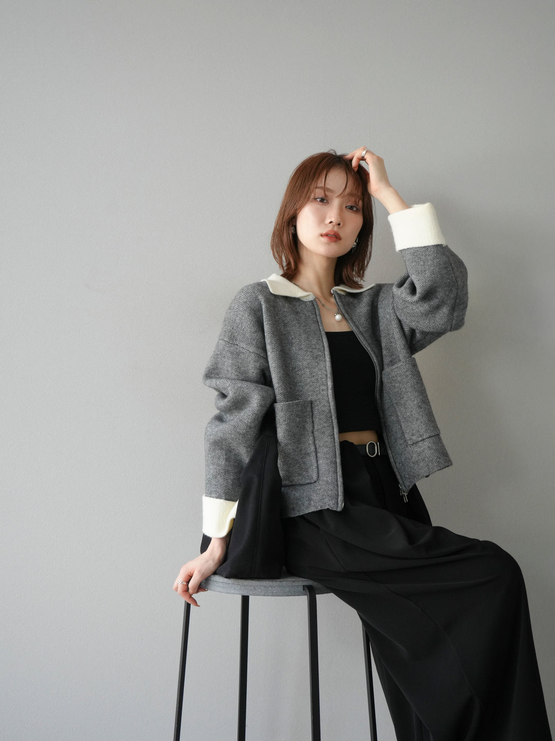 [予約]ポロ襟ジップニットカーディガン/チャコール