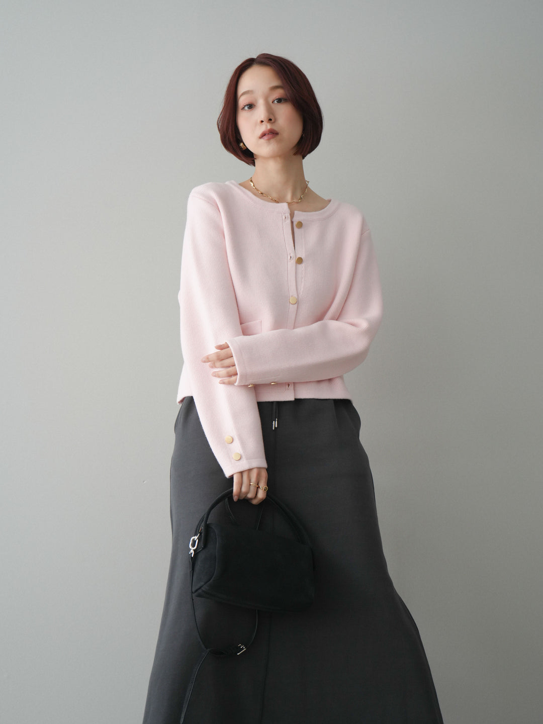 [SET]ゴールドボタンノーカラーニットジャケット+スウェットフレアロングスカート(2set)