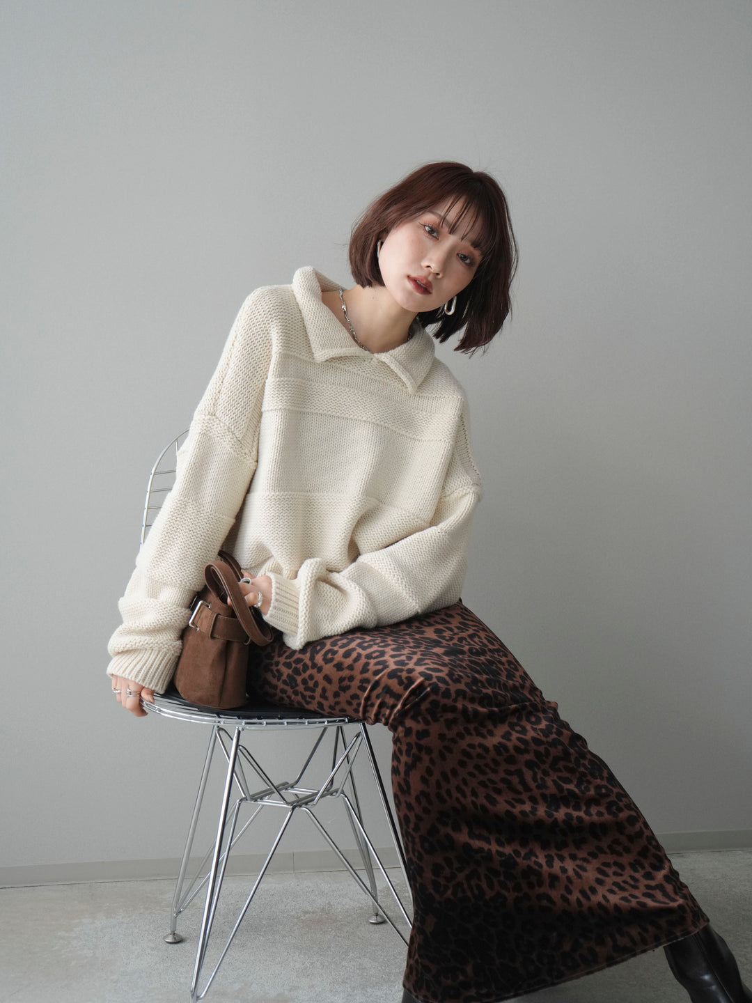 [SET]襟付きボーダー編みニットプルオーバー+レオパードベロアナロースカート(2set)