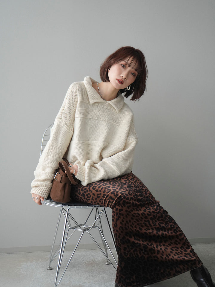 [SET]襟付きボーダー編みニットプルオーバー+レオパードベロアナロースカート(2set)
