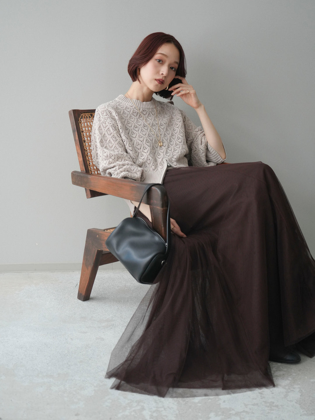 [予約]透かし編みフロントジップスリットニットプルオーバー/lightbeige