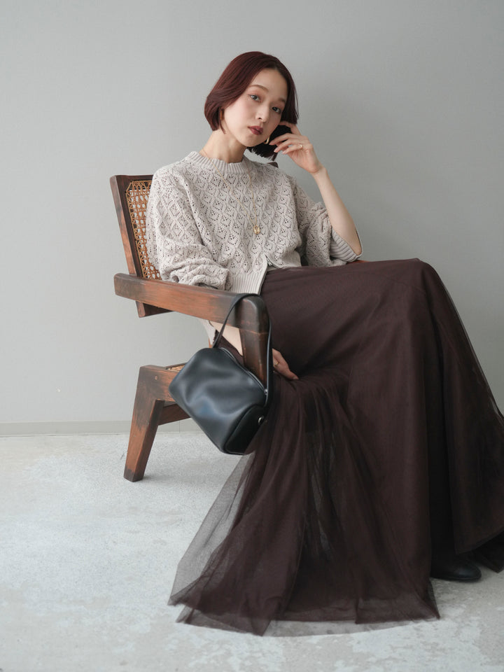 [予約]透かし編みフロントジップスリットニットプルオーバー/lightbeige