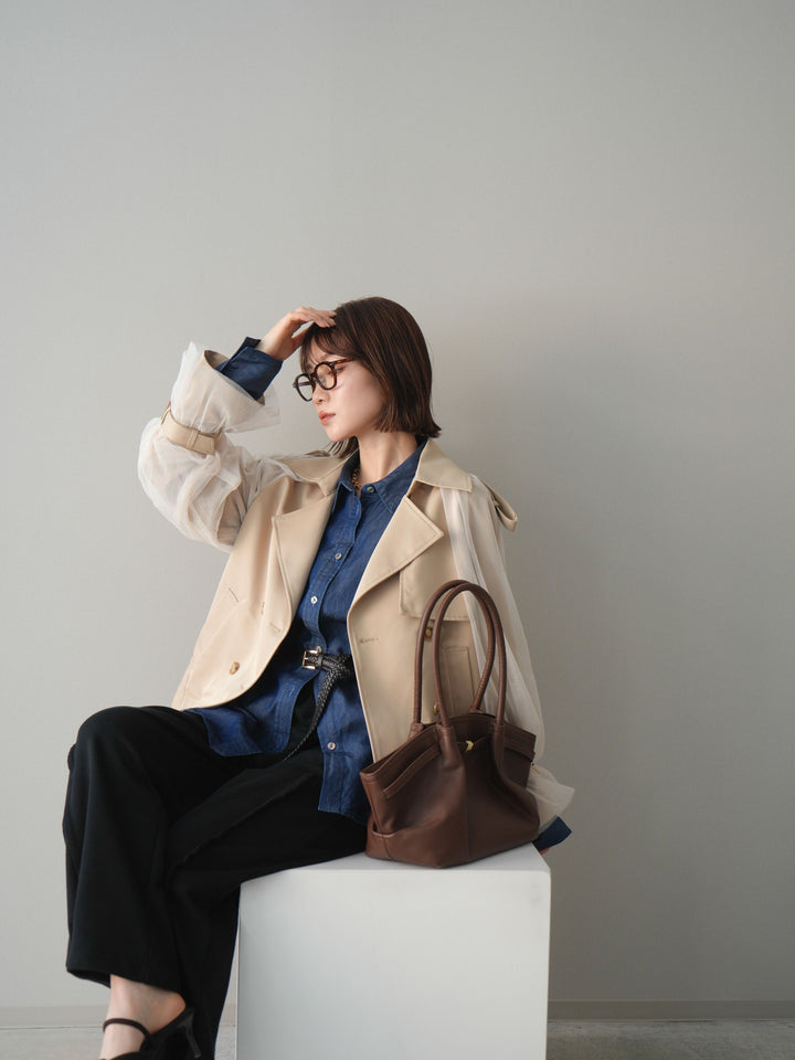 【預購】薄紗層疊蓬鬆袖短風衣/米色