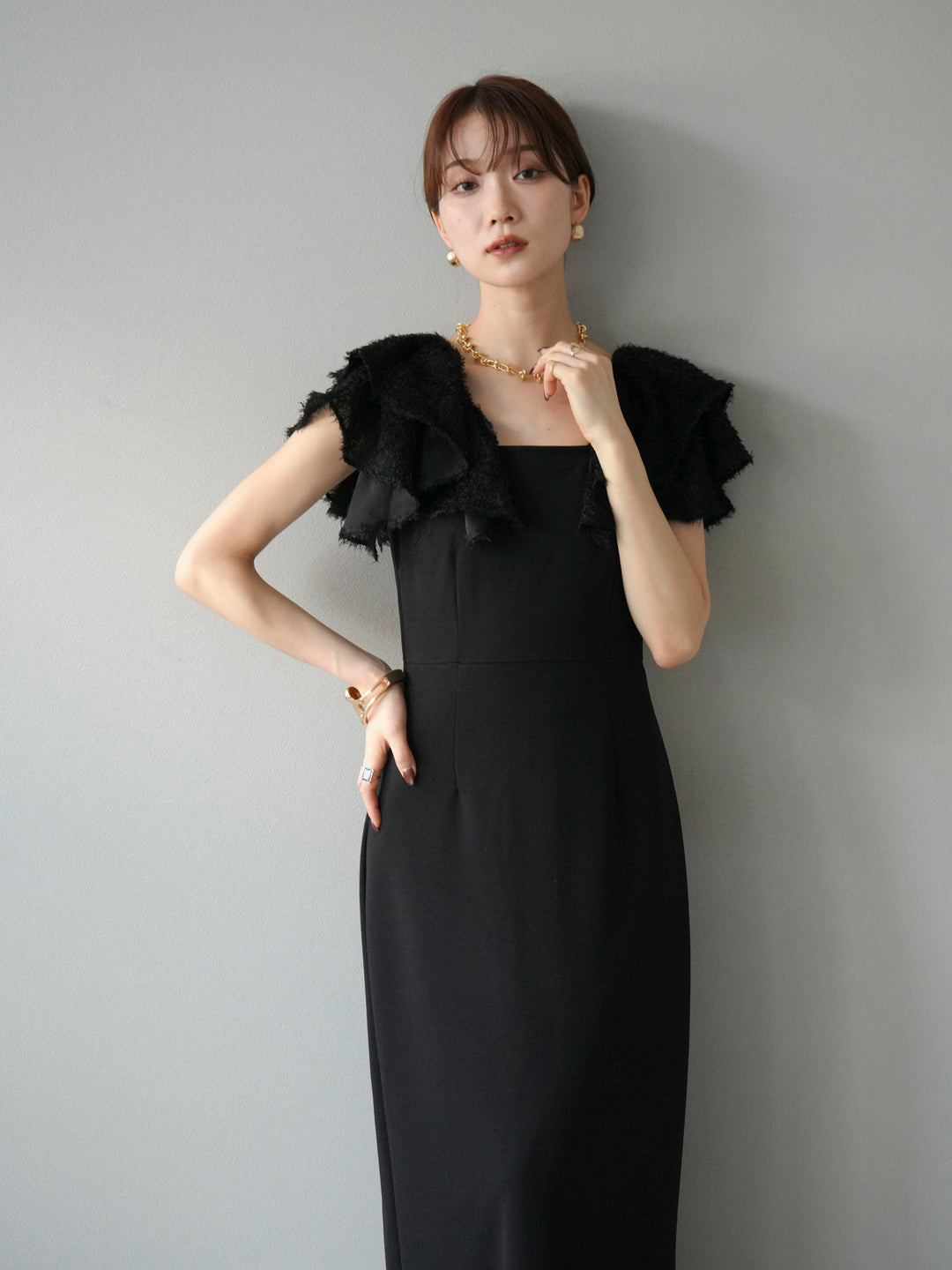 [予約]ジャガードフレアスリーブドレス/ブラック