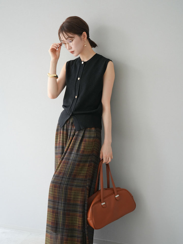 [SET] 金銀絲針織背心 + 透視格紋寬鬆褲 (2 件套)