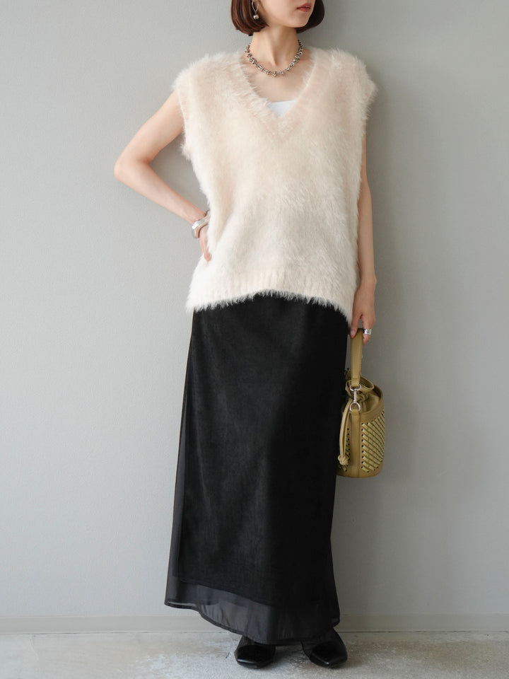 [予約]サイドスリットスウェードドッキングシフォンスカート/ブラック