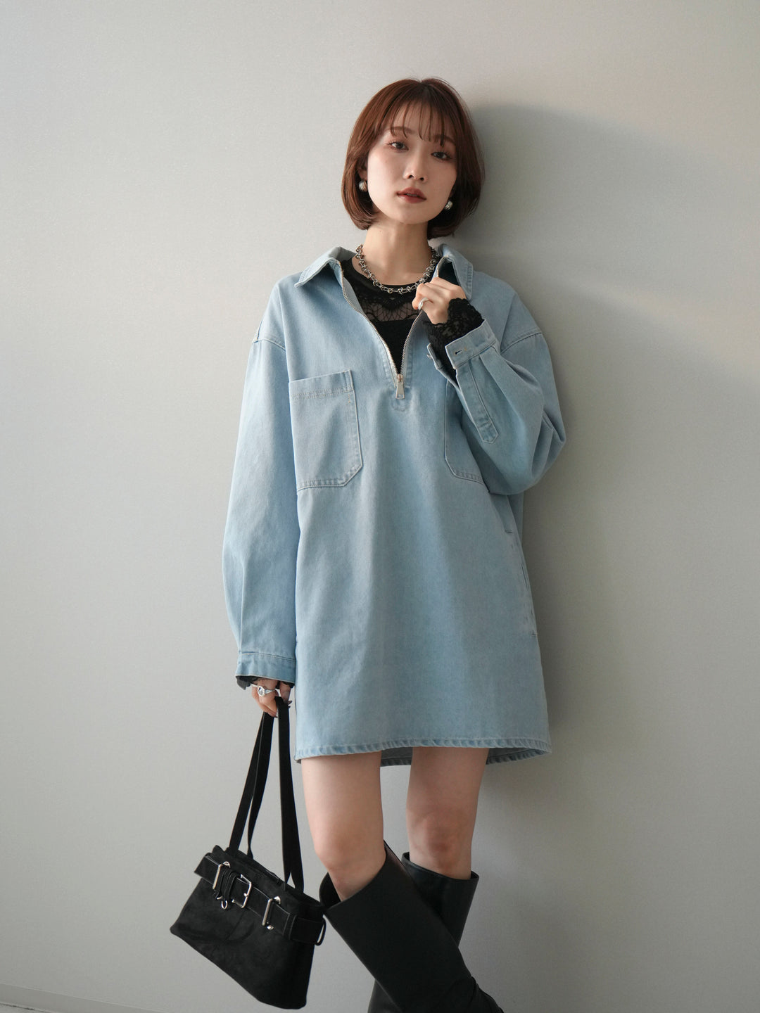 [SET]ハーフジップデニムミニワンピース+チュールレーストップス(2set)