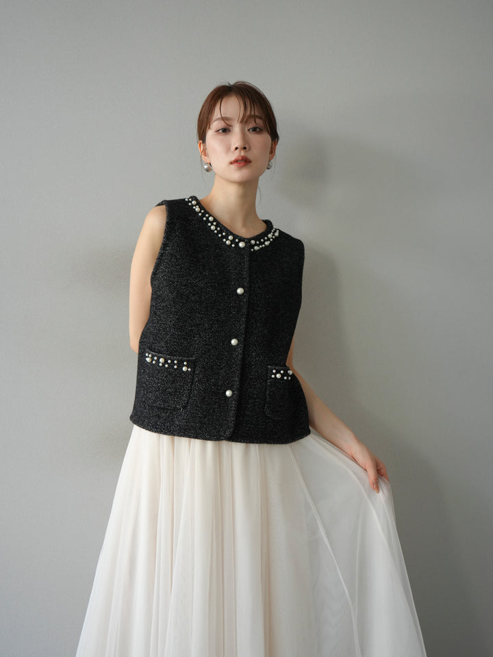[予約]パールデザインツイードライクニットベスト/ブラック