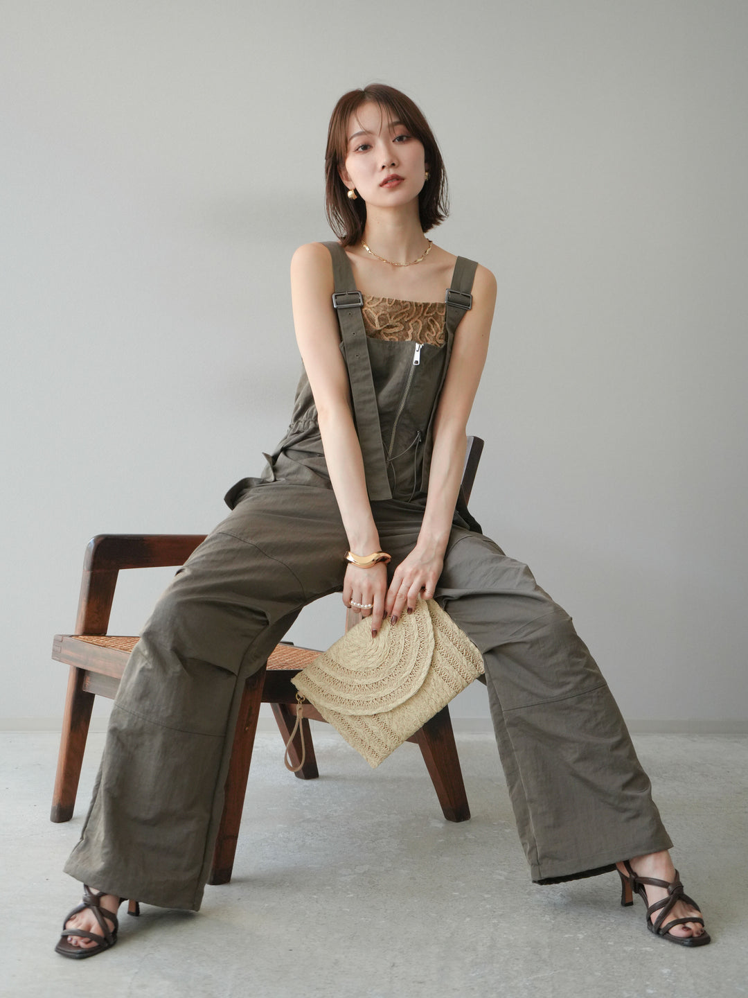 [予約]ナイロンタックデザインサロペット/カーキ