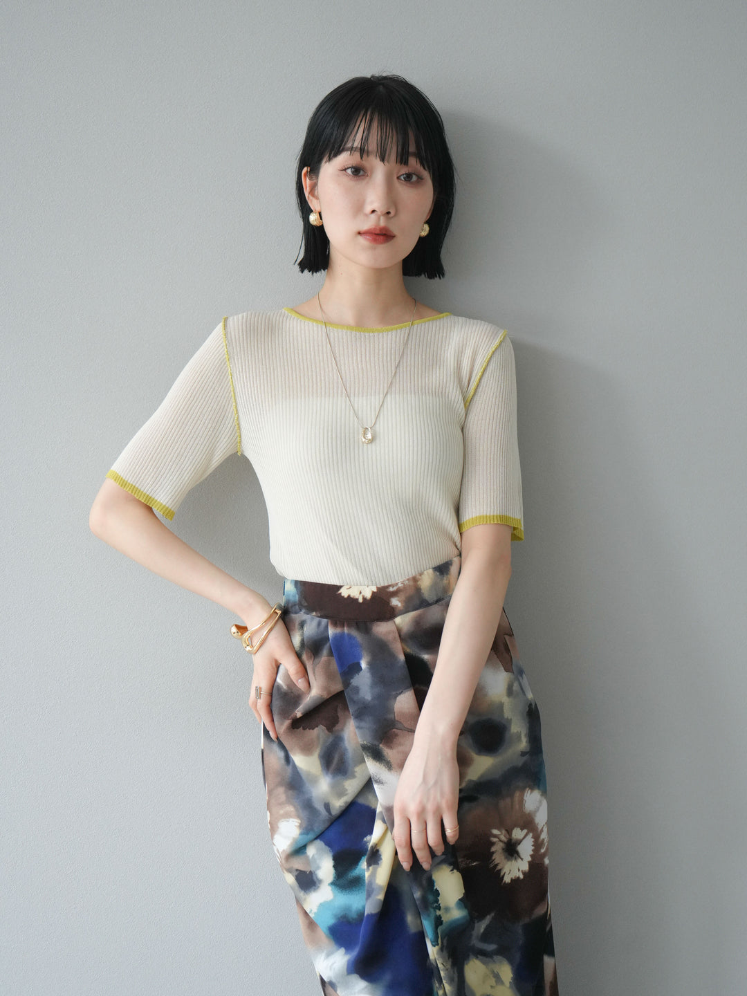 [予約]麻タッチ配色ニットハーフスリーブトップス/アイボリー