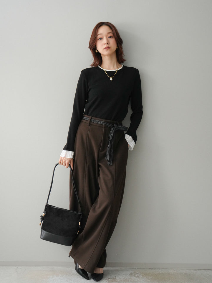 [予約]ベルト付裏起毛センターシームカーブパンツ/brown