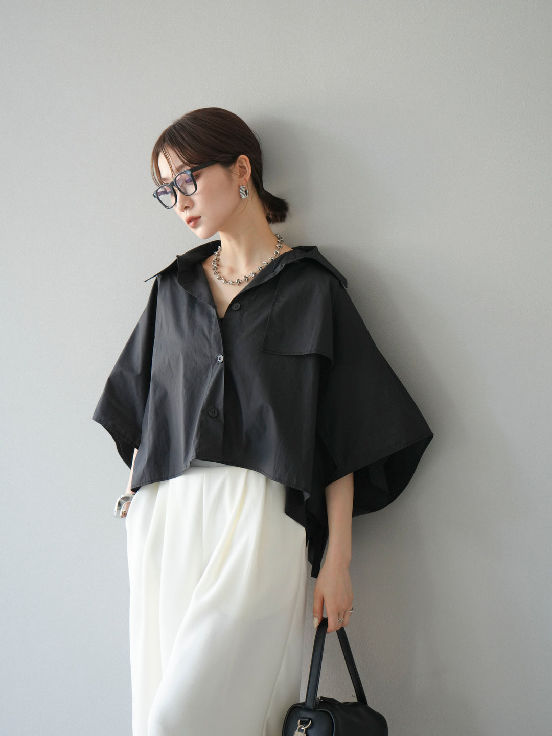 [SET]ポンチョショートシャツ+リネンライクイージーワイドパンツ(2set)