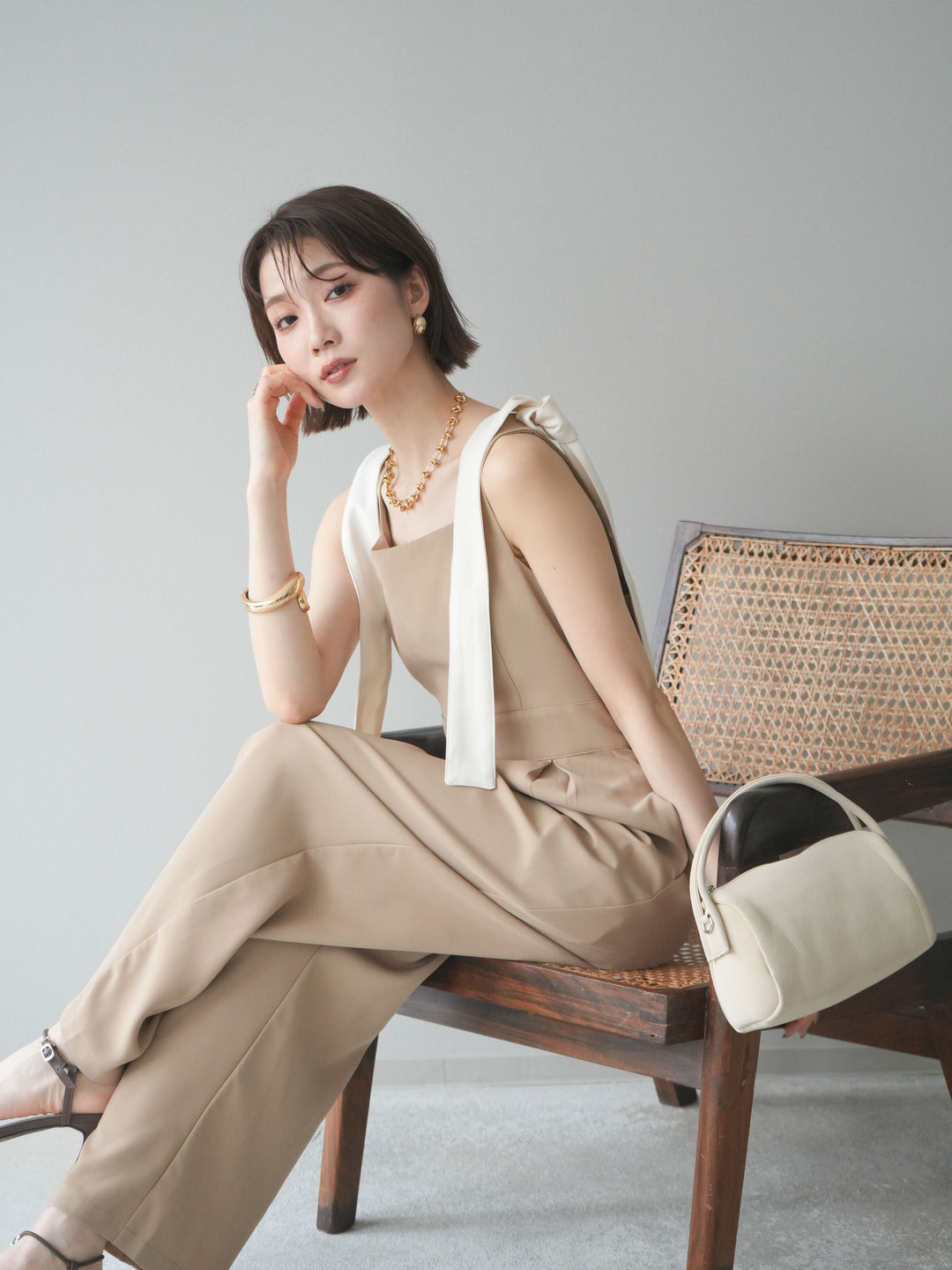 [予約]ショルダーリボンサロペット/beige