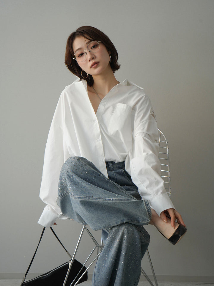 [SET]アームレースブロードシャツ+フロントビジューカーブデニムパンツ(2set)