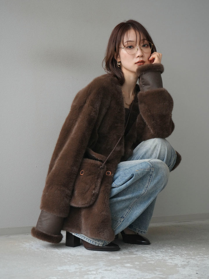 [SET]バッグ付エコファーノーカラーコート+ベルト付カーブデニムパンツ(2set)