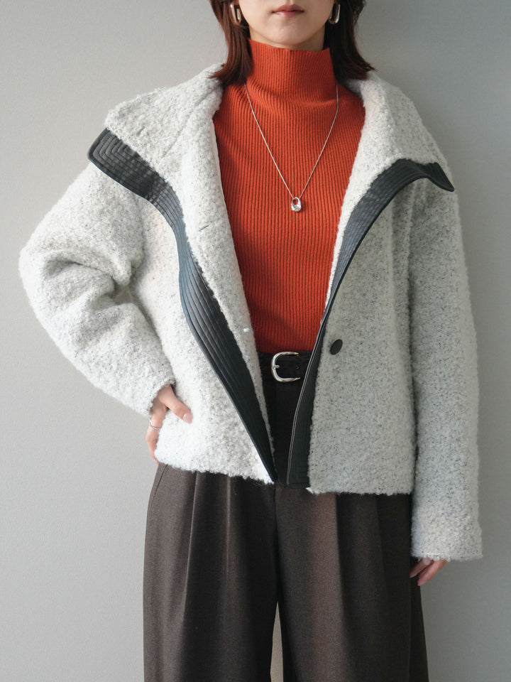 [SET]レザー切替ブークレブルゾン+アニマル柄ベルト付きウールタッチワイドパンツ(2set)