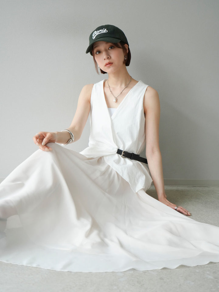 [SET]ベルトデザインバルーンブラウス+シフォンフレアスカート(2set)