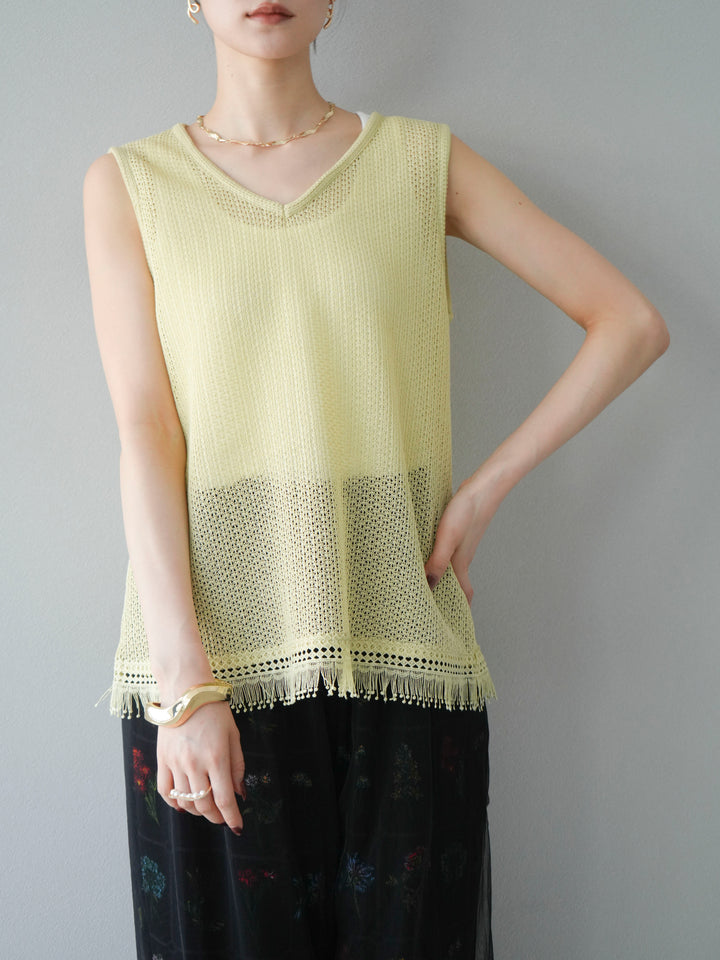 [予約]裾フリンジVネックニットタンクトップアンサンブル/イエロー